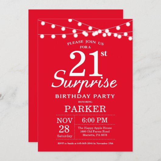 Surprise 21e anniversaire Invitation Rouge (Devant / Derrière)