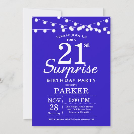 Surprise 21e anniversaire Invitation Royal Blue (Devant)