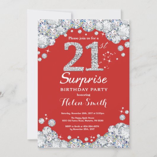 Surprise 21e anniversaire Invitation Silver Diamon (Devant)