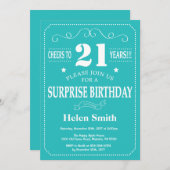 Surprise 21e anniversaire Invitation Turquoise et  (Devant / Derrière)