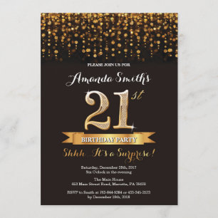 Surprise 21st Birthday Invitation Black and Gold Kaart