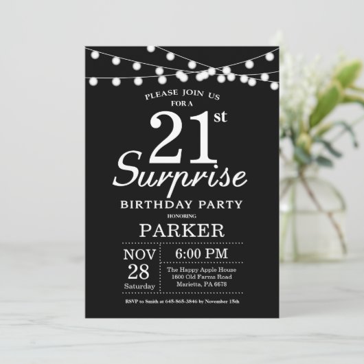 Surprise 21st Birthday Invitation Black and White Kaart (Staand voorkant)