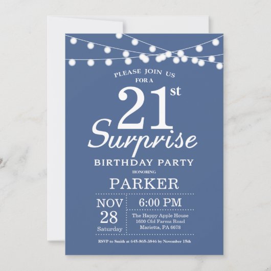 Surprise 21st Birthday Invitation Blue Kaart (Voorkant)