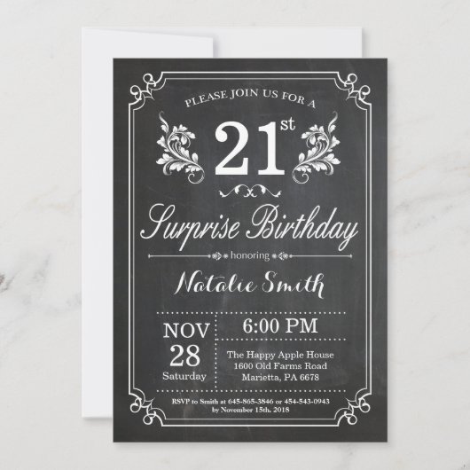 Surprise 21st Birthday Invitation Chalkboard Kaart (Voorkant)