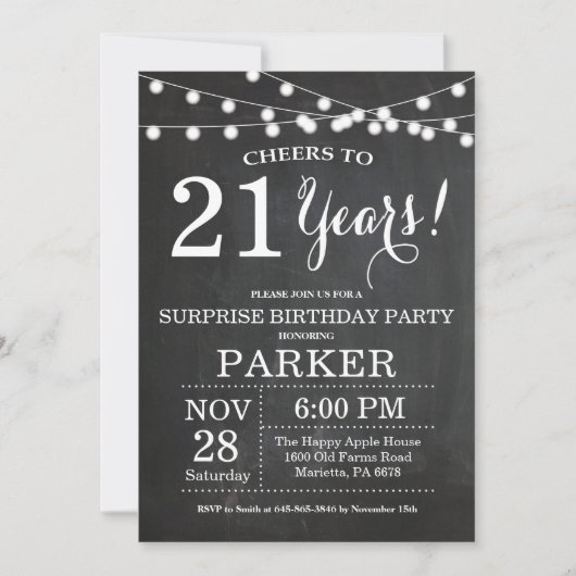 Surprise 21st Birthday Invitation Chalkboard Kaart (Voorkant)