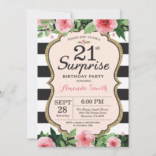 Surprise 21st Birthday Invitation Floral Kaart (Voorkant)