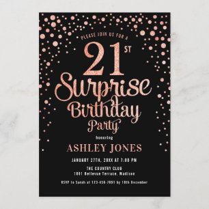 Surprise 21st Verjaardagsfeest - Zwart & Roos Goud Kaart
