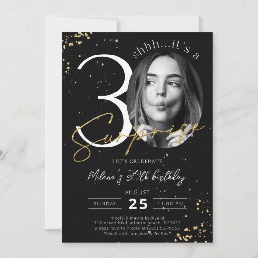 Surprise 30e anniversaire Black Gold Invitation ph (Devant)