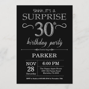 Surprise 30e anniversaire Invitation Black and Sil
