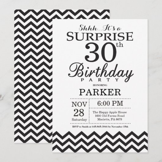 Surprise 30e anniversaire Invitation Black Chevron (Devant / Derrière)