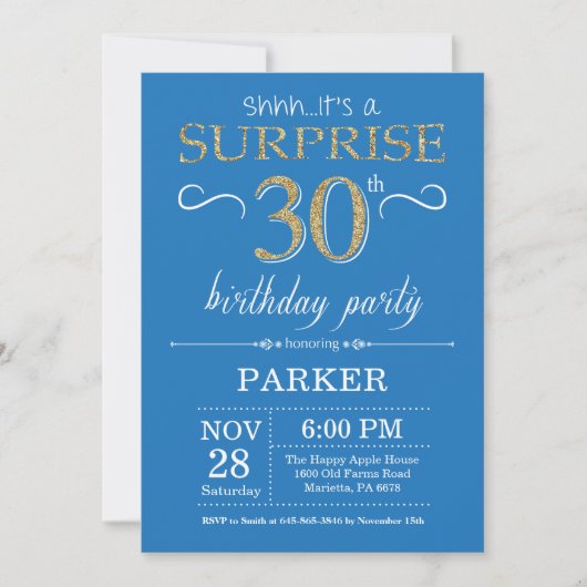 Surprise 30e anniversaire Invitation Bleu et or (Devant)