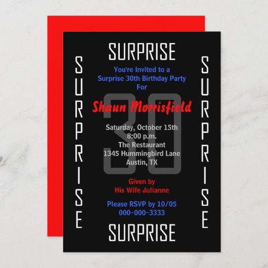 Surprise 30e anniversaire Invitation de fête 30 (Devant / Derrière)