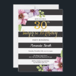 Surprise 30e anniversaire Invitation Femmes Floral<br><div class="desc">Surprise 30e anniversaire Invitation pour les femmes. Invitation de fête d'anniversaire noir et or. Parties scintillant d'or. Fleur Florale d'aquarelle violette. Blancs et Noirs. Numérique imprimable. Pour plus de personnalisation,  cliquez sur le bouton "Customiser" et utilisez notre outil de conception pour modifier ce modèle.</div>