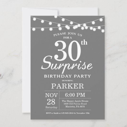 Surprise 30e anniversaire Invitation Gris et blanc (Devant)
