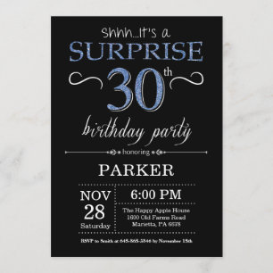 Surprise 30e anniversaire Invitation noir et bleu