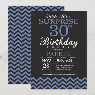 Surprise 30e anniversaire Invitation noir et bleu