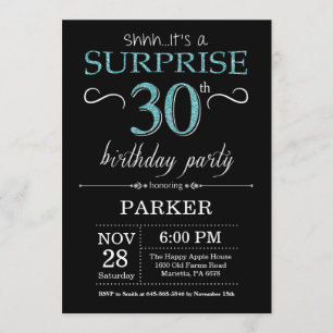 Surprise 30e anniversaire Invitation Noir et Turqu