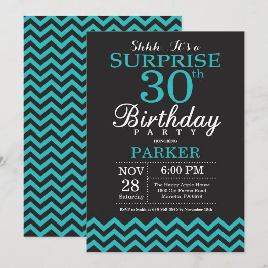 Surprise 30e anniversaire Invitation Noir et Turqu (Devant / Derrière)