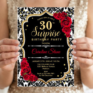 Surprise 30e Anniversaire - Invitation Noir Or Rou
