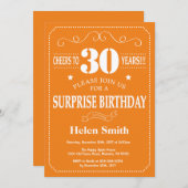 Surprise 30e anniversaire Invitation Orange et bla (Devant / Derrière)