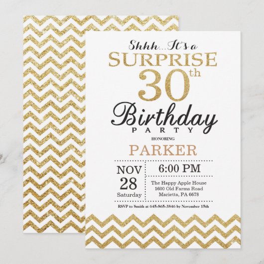 Surprise 30e anniversaire Invitation Parties scint (Devant / Derrière)