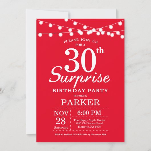 Surprise 30e anniversaire Invitation Rouge (Devant)
