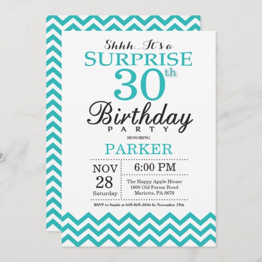 Surprise 30e anniversaire Invitation Turquoise Che (Devant / Derrière)