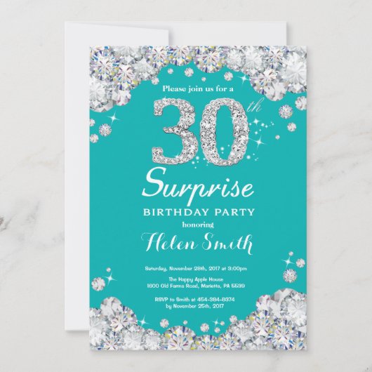 Surprise 30e anniversaire Invitation Turquoise et  (Devant)