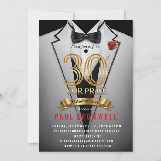 Surprise 30e anniversaire Tuxedo Invitation (Devant)