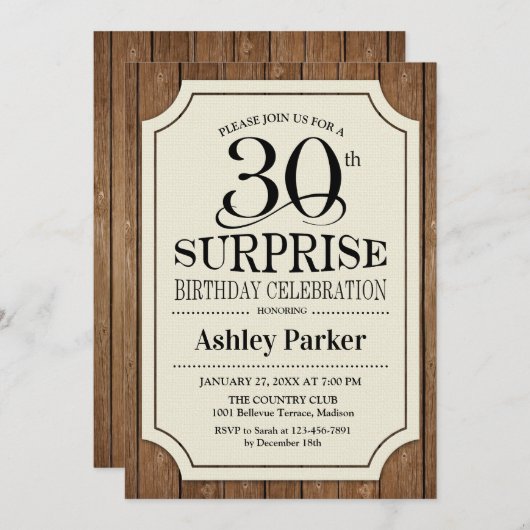 Surprise 30e verjaardagsfeest - houtpatroon kaart (Voorkant / Achterkant)