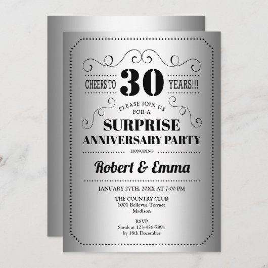 Surprise 30th Anniversary Party - Zilver Zwart Kaart (Voorkant / Achterkant)