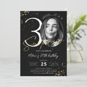 Surprise 30th Birthday Black Gold Photo Invitation Kaart
