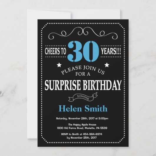 Surprise 30th Birthday Invitation Blue en Black Kaart (Voorkant)