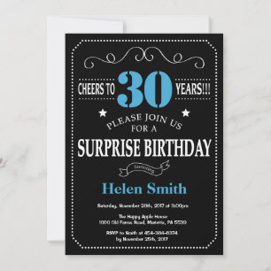 Surprise 30th Birthday Invitation Blue en Black Kaart
