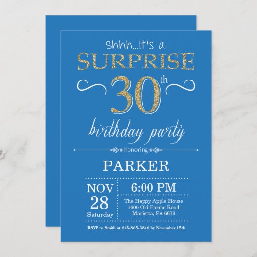 Surprise 30th Birthday Invitation Blue en Gold Kaart (Voorkant / Achterkant)