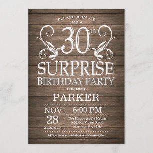 Surprise 30th Birthday Invitation Rustic Wood Kaart