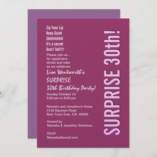 SURPRISE 30th Birthday Party Modern roze Berry Kaart (Voorkant / Achterkant)
