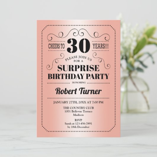 Surprise 30th Birthday - Roos Goud Zwart Kaart (Staand voorkant)