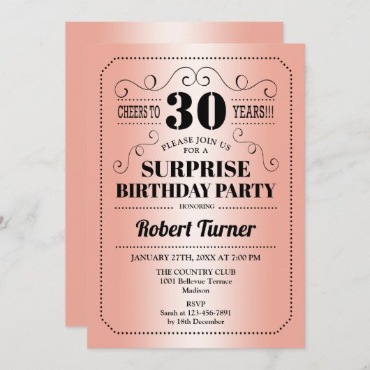 Surprise 30th Birthday - Roos Goud Zwart Kaart (Voorkant / Achterkant)