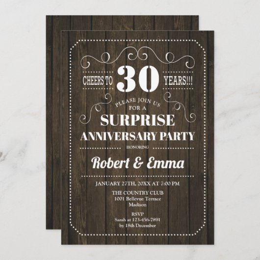 Surprise 30th verjaardagsfeest - Rustic hout Kaart (Voorkant / Achterkant)