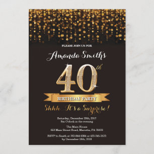 Surprise 40e anniversaire Invitation Black and Gol