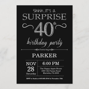 Surprise 40e anniversaire Invitation Black and Sil