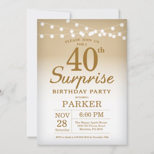 Surprise 40e anniversaire Invitation Gold (Devant)