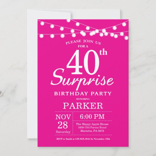 Surprise 40e anniversaire Invitation Hot Pink (Devant)