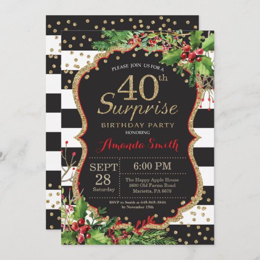 Surprise 40e anniversaire Invitation Noël Or (Devant / Derrière)