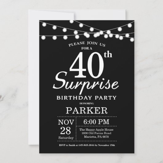 Surprise 40e anniversaire Invitation noir et blanc (Devant)