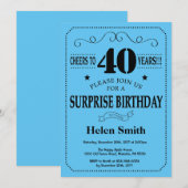 Surprise 40e anniversaire Invitation noir et bleu (Devant / Derrière)