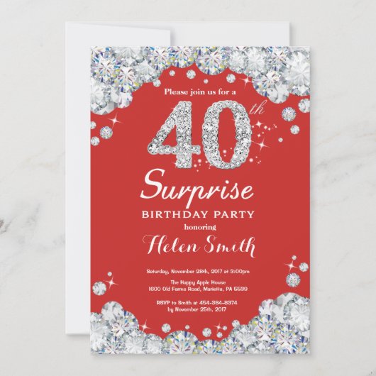 Surprise 40e anniversaire Invitation Silver Diamon (Devant)