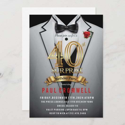 Surprise 40e anniversaire Tuxedo Invitation (Devant / Derrière)