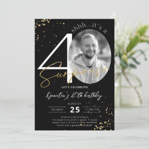 Surprise 40th Birthday Black Gold Photo Invitation Kaart